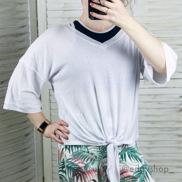 Tie Front Ribbed V-Neck Tee - Picture 2 of 6